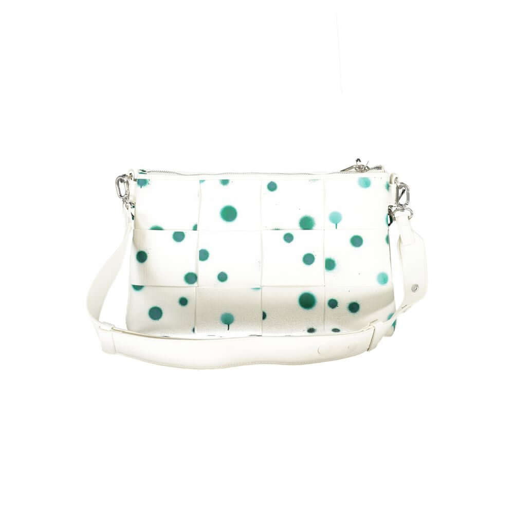 Desigual White Polyethylene Handbag with polka dots, removable chain shoulder handle, adjustable strap, and multiple compartments.