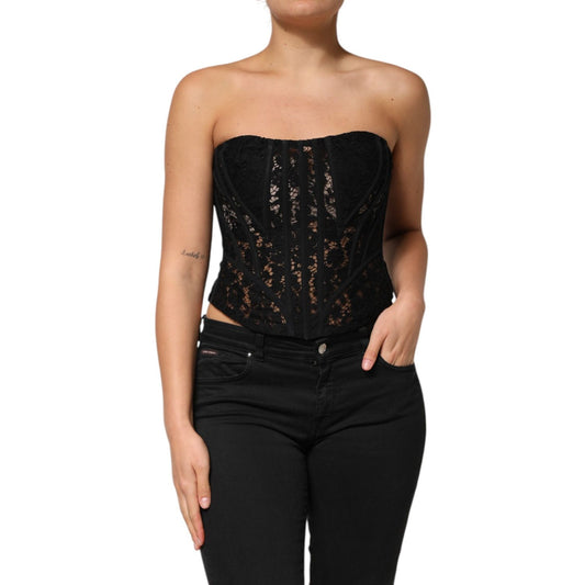 Dolce & Gabbana Black Strapless Floral Lace Bustier Cropped Top
