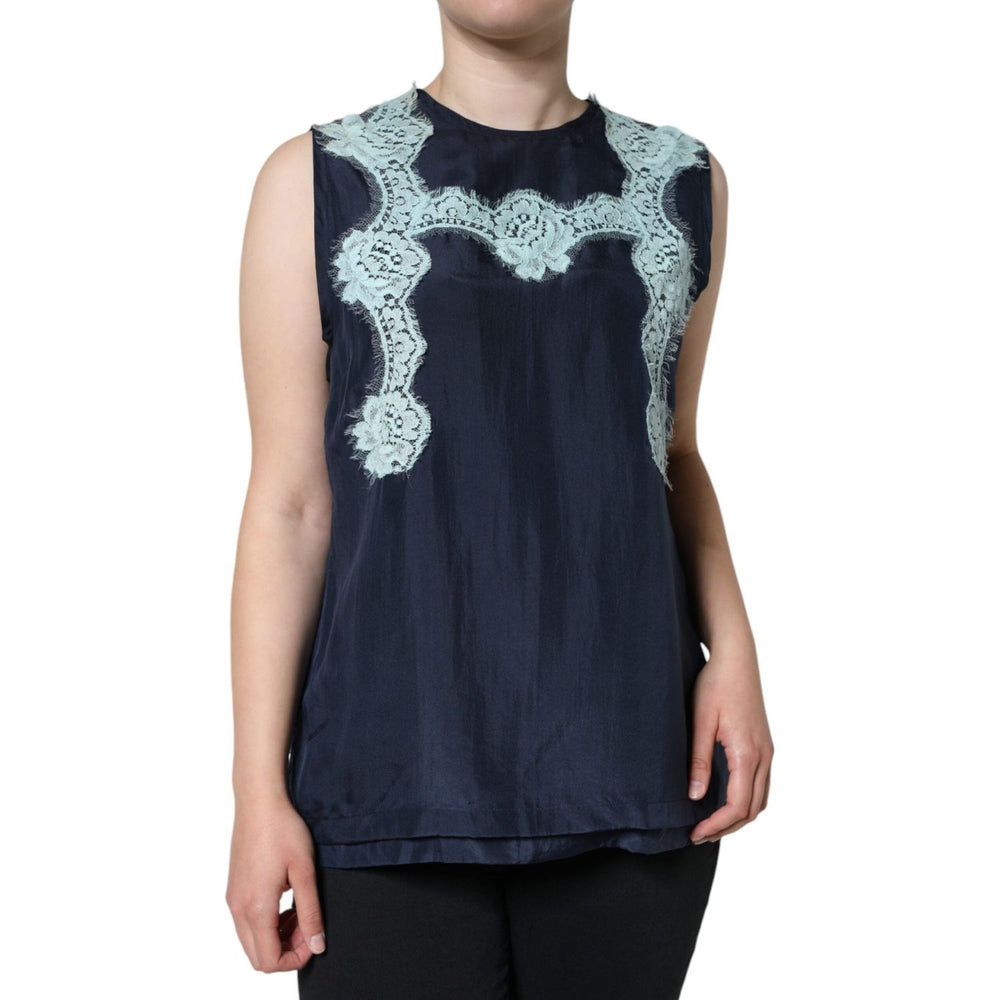 Dolce & Gabbana Blue Floral Lace Silk Sleeveless Tank Top TSH86538-48