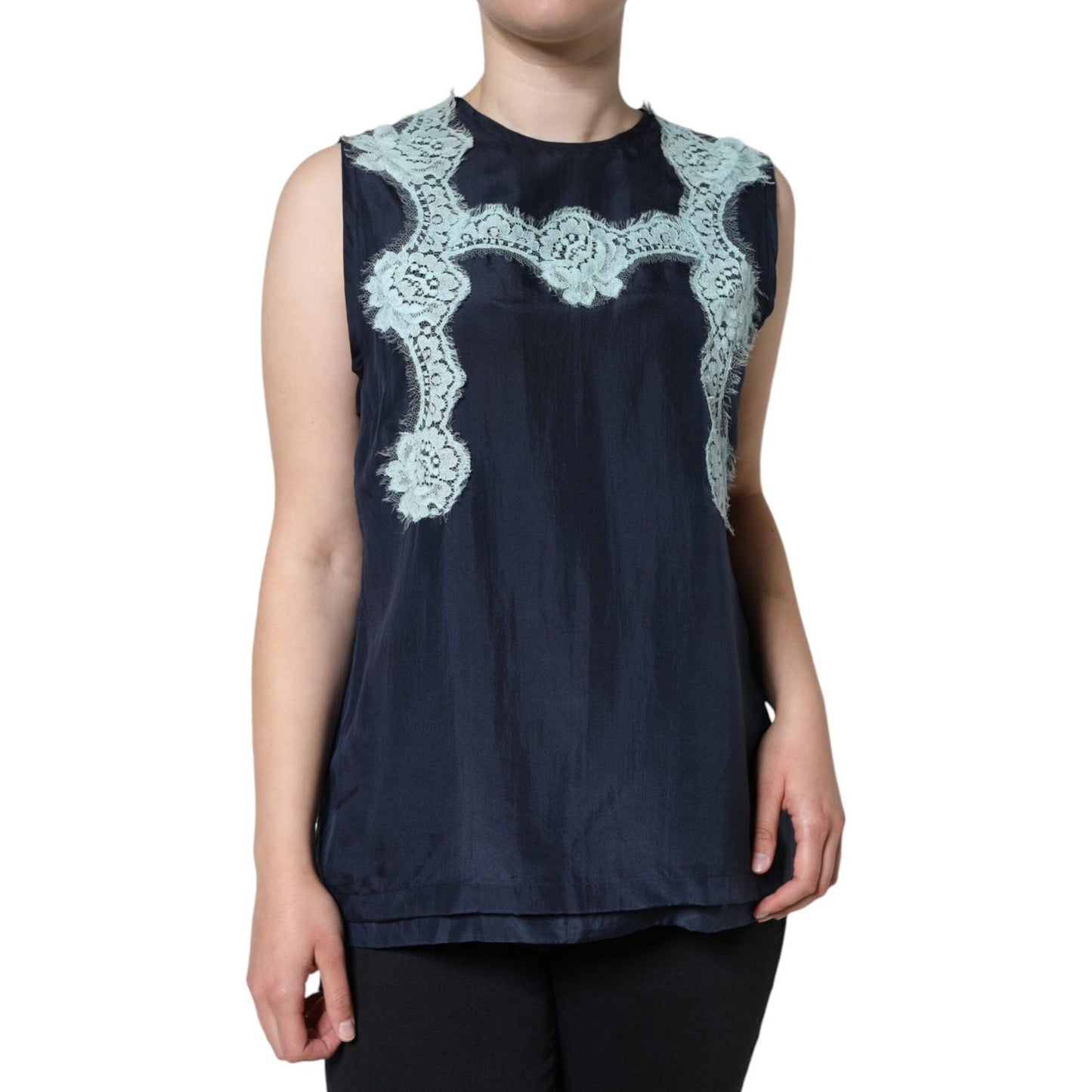 Dolce & Gabbana Blue Floral Lace Silk Sleeveless Tank Top TSH86538-48