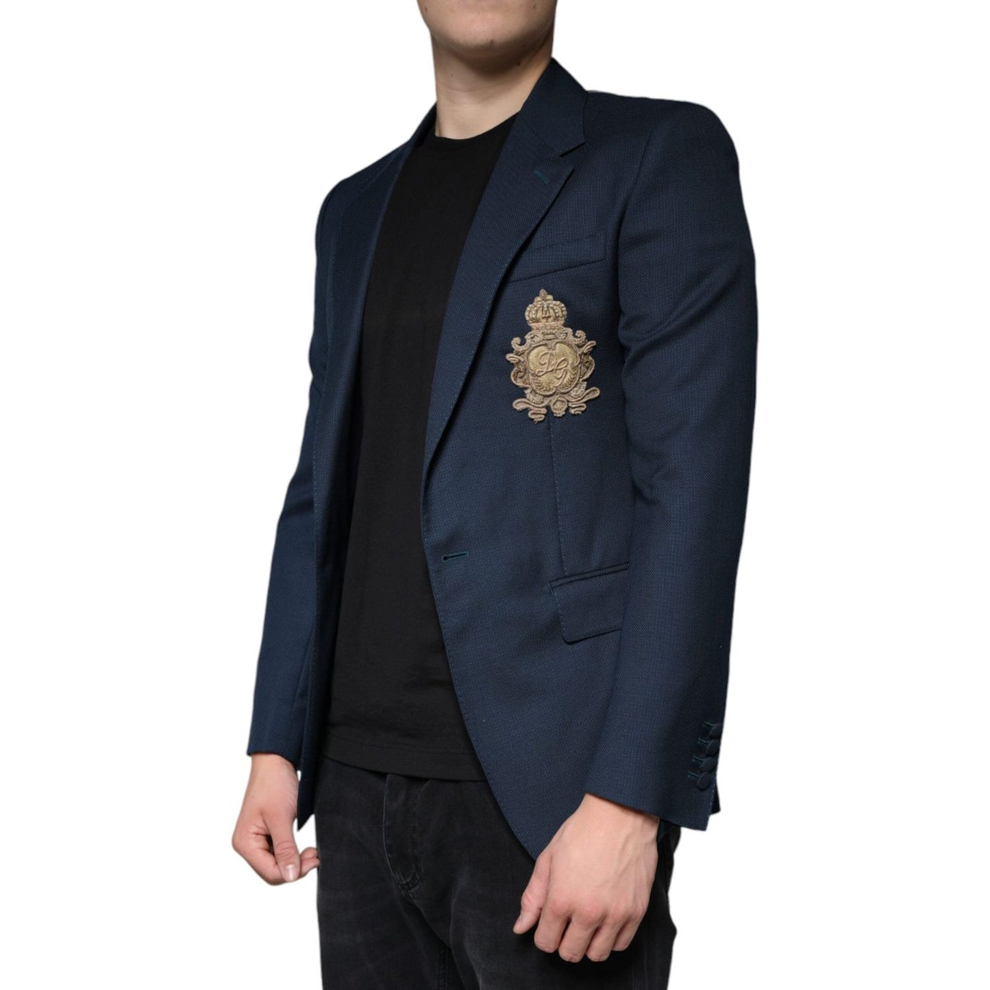 Dolce & Gabbana Blue Wool Logo Single Breasted Coat Blazer JKT4074-44
