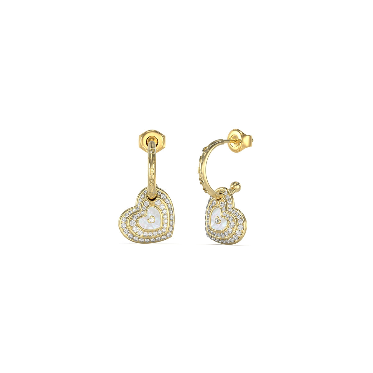 Heart-shaped gold earrings from GUESS JEWELS JEWELRY Mod. JUBE04019JWYGWHT-U with sparkling stones.