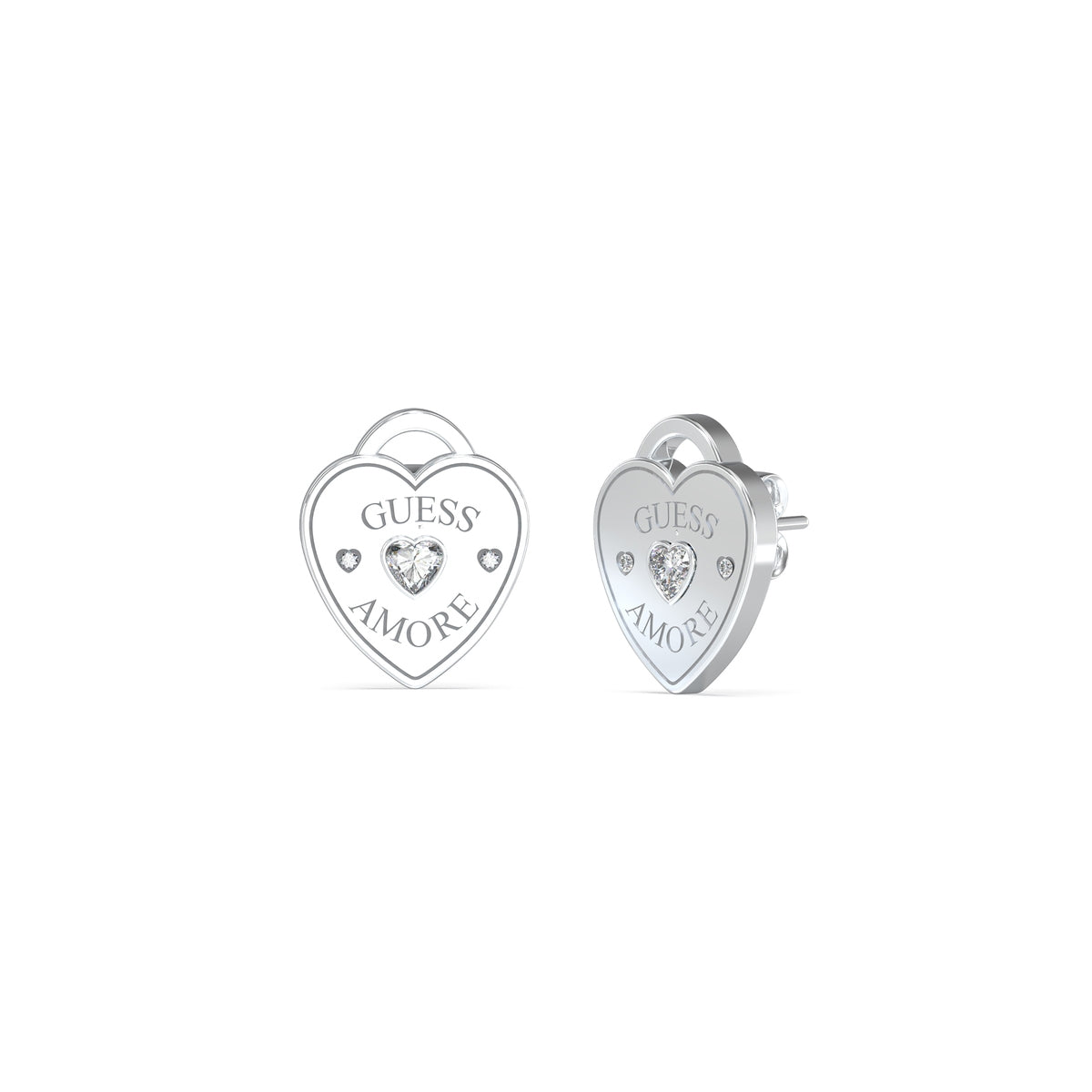 GUESS JEWELS JEWELRY Mod. JUBE05058JWRHT-U heart-shaped earrings with "AMORE" engraving and crystal accents.