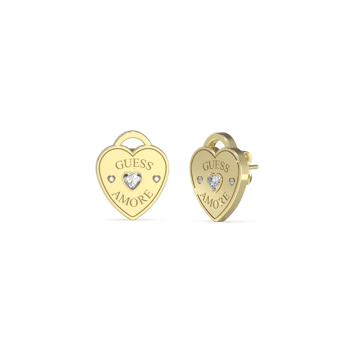 GUESS JEWELS JEWELRY Mod. JUBE05058JWYGT-U heart-shaped earrings with crystal embellishments and 'AMORE' engraving.