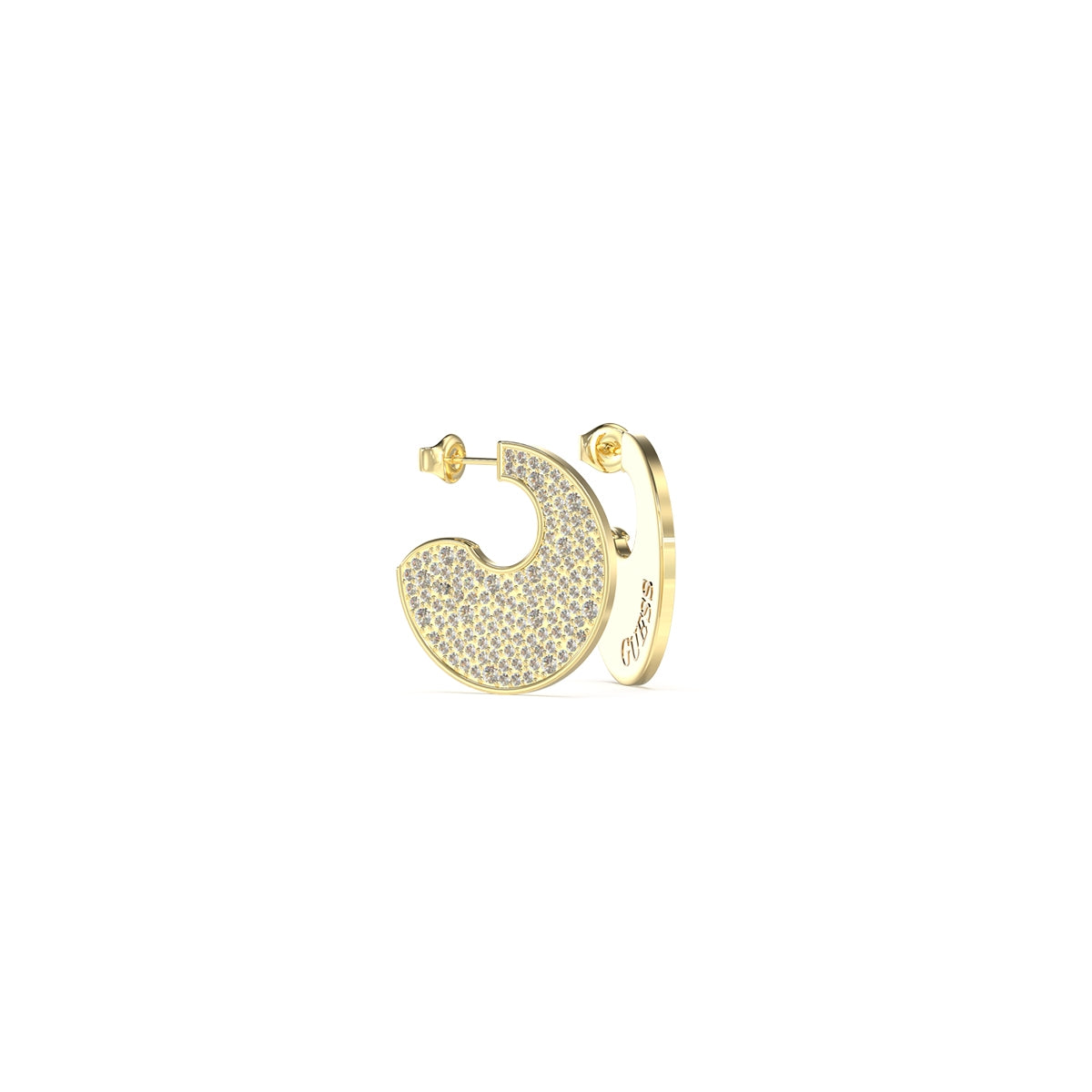 Elegant GUESS JEWELS JEWELRY Mod. JUBE05229JWYGT-U gold earrings with crystal details against white background.
