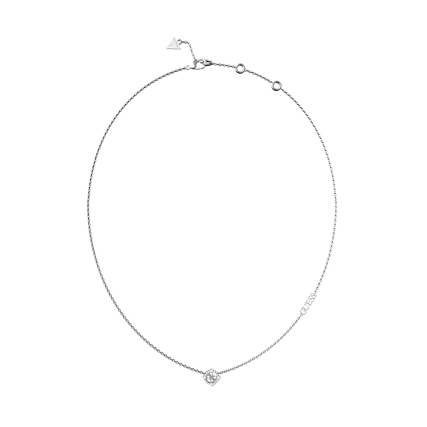 Alt Tag: GUESS JEWELS JEWELRY Mod. JUBN04643JWRHT-U silver necklace with pendant on white background.