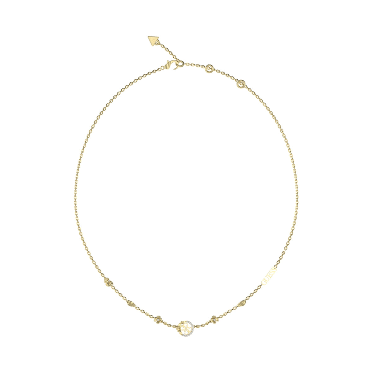 Elegant GUESS JEWELS JEWELRY Mod. JUBN05038JWYGT-U gold necklace with pendant displayed on a white background.