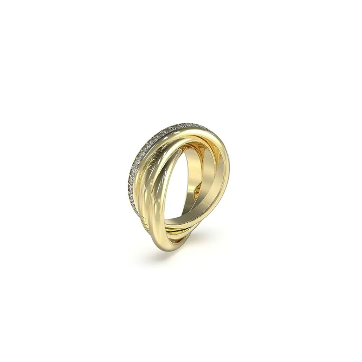 Alt Tag: GUESS JEWELS JEWELRY Mod. JUBR04067JWYG54 gold ring with twisted design and gemstone accents.