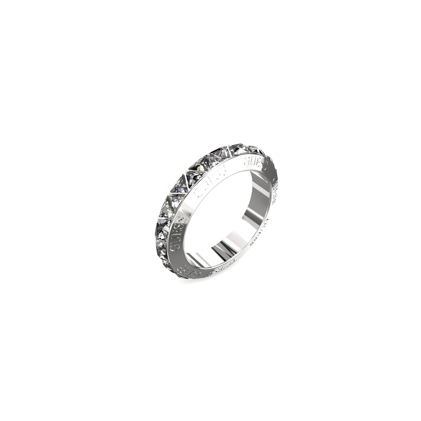 GUESS JEWELS JEWELRY Mod. JUBR04575JWRH52 silver ring with embedded crystals on white background