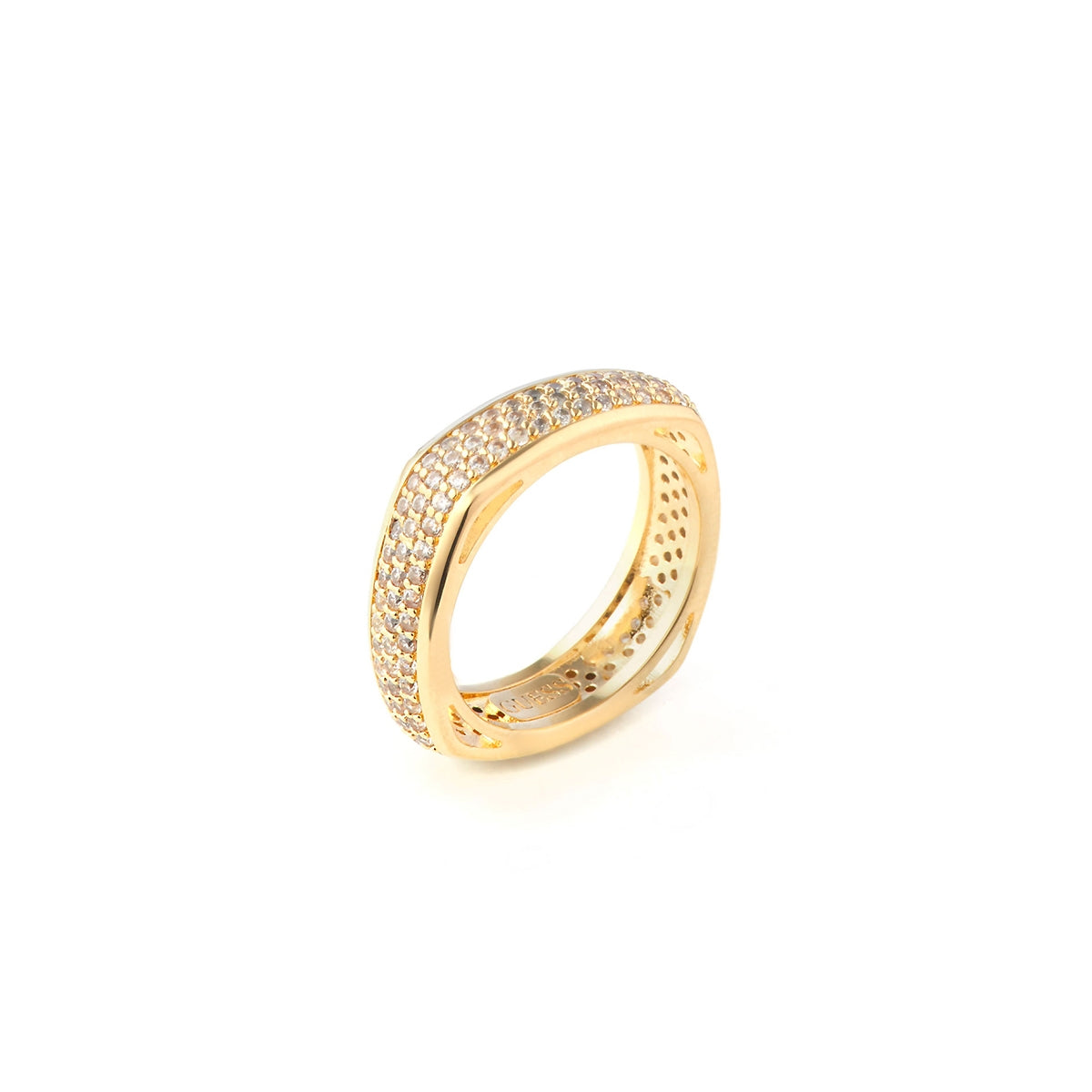 Gold ring from GUESS JEWELS JEWELRY Mod. JUBR04675JWYG54 with intricate design and stones.