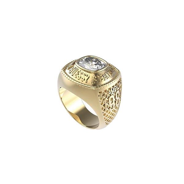 Ring with intricate design and gemstone on top, displaying the sides. GUESS JEWELS JEWELRY Mod. JUMR01375JWYG62 luxury jewelry.