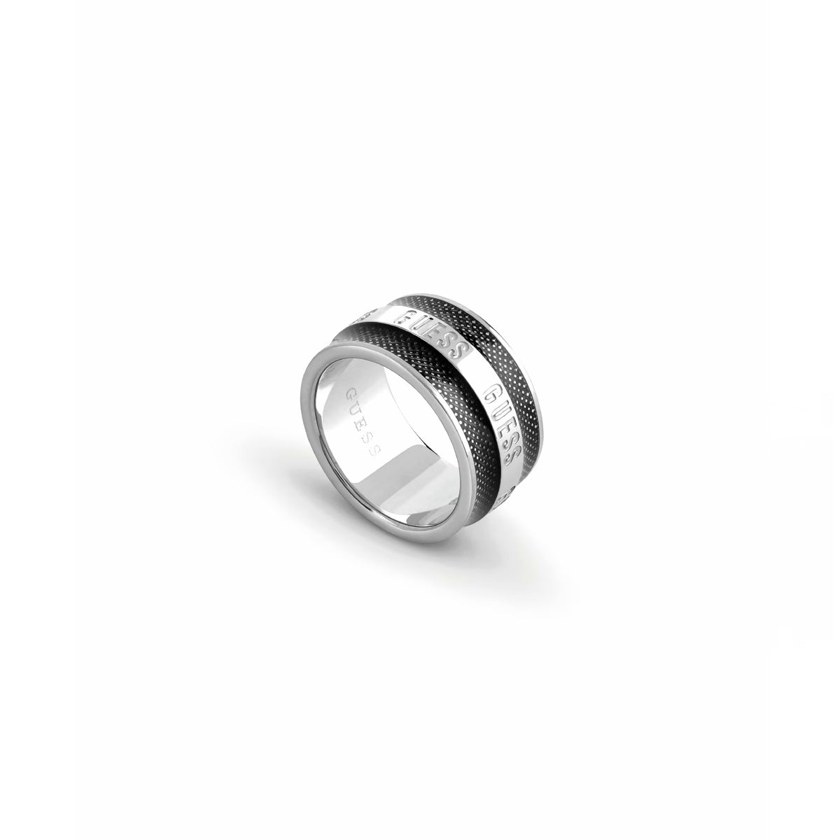 Elegant GUESS JEWELS JEWELRY Mod. JUMR03209JWSTBK62 ring with silver and black design.