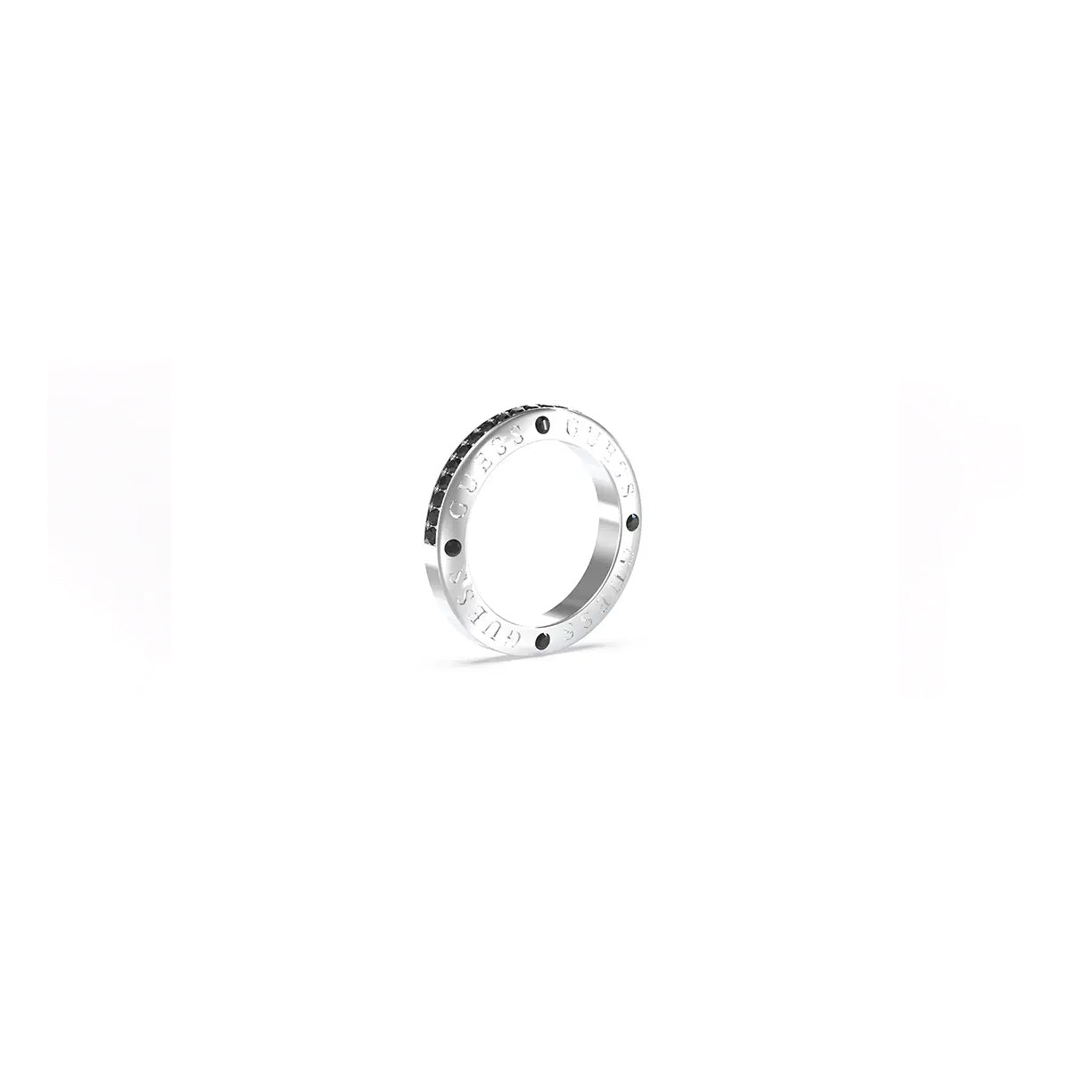 Silver ring from GUESS JEWELS JEWELRY Mod. JUMR03219JWYGBK66 with engraved design on a white background