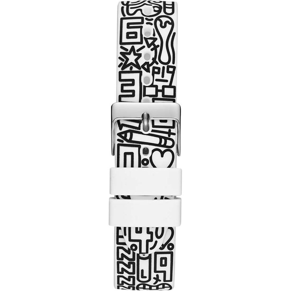 Guess Multicolor Resin Bracelet Watch with white and black graphic design on the strap, featuring a stainless steel buckle closure.