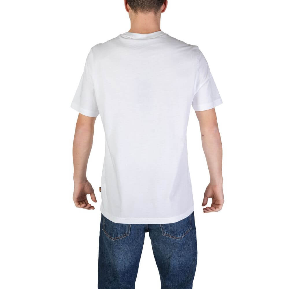 Hugo Boss White Cotton T-Shirt, short sleeve crew neck with logo print, back view.