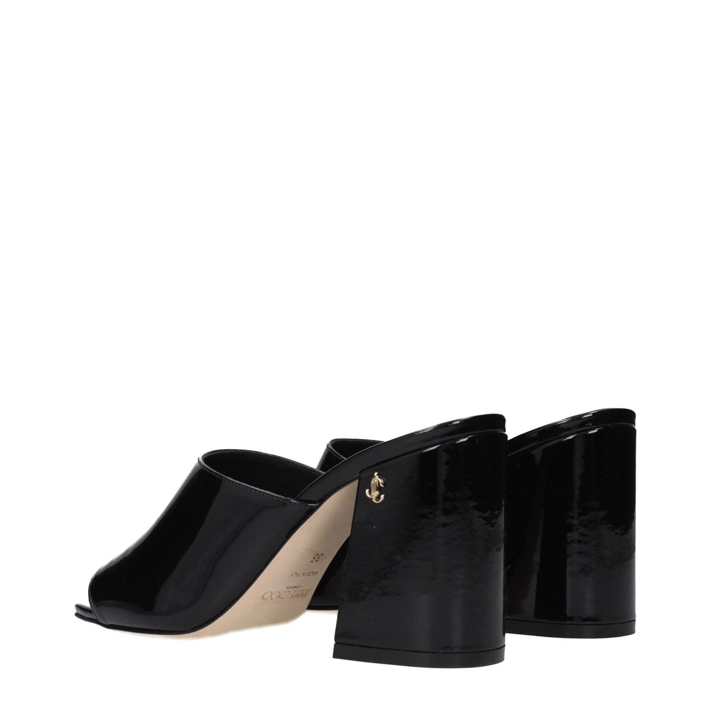 Jimmy Choo Black Leather Platform Sandals showcasing patent leather and side logo on a high heel design.
