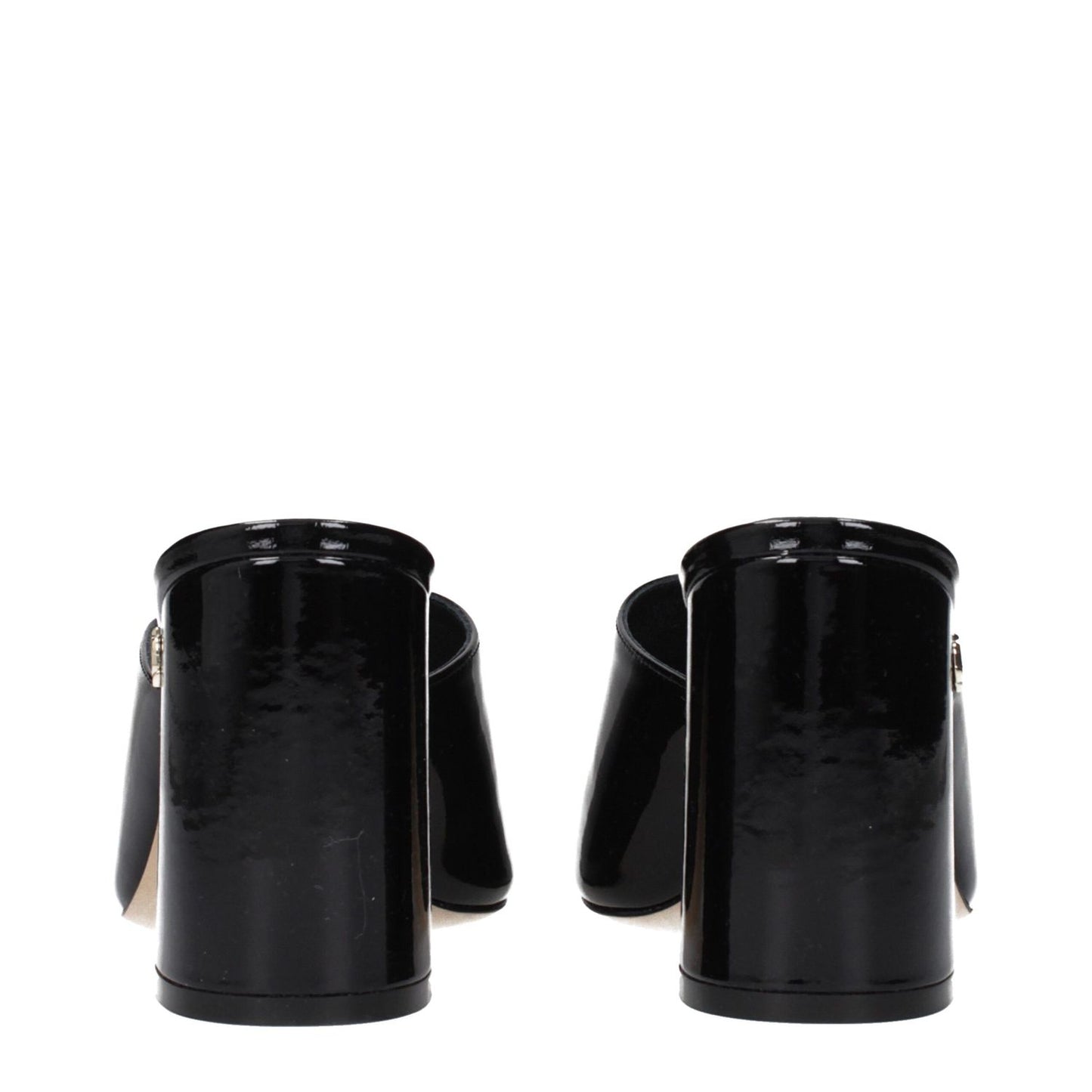 Rear view of Jimmy Choo Black Leather Platform Sandals with patent leather finish and side logo.