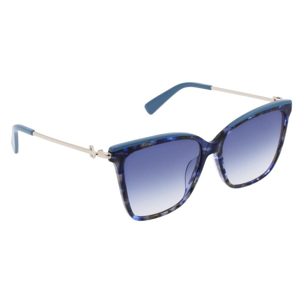 Longchamp Blue Acetate Sunglasses for women with translucent blue frame and gradient lenses.