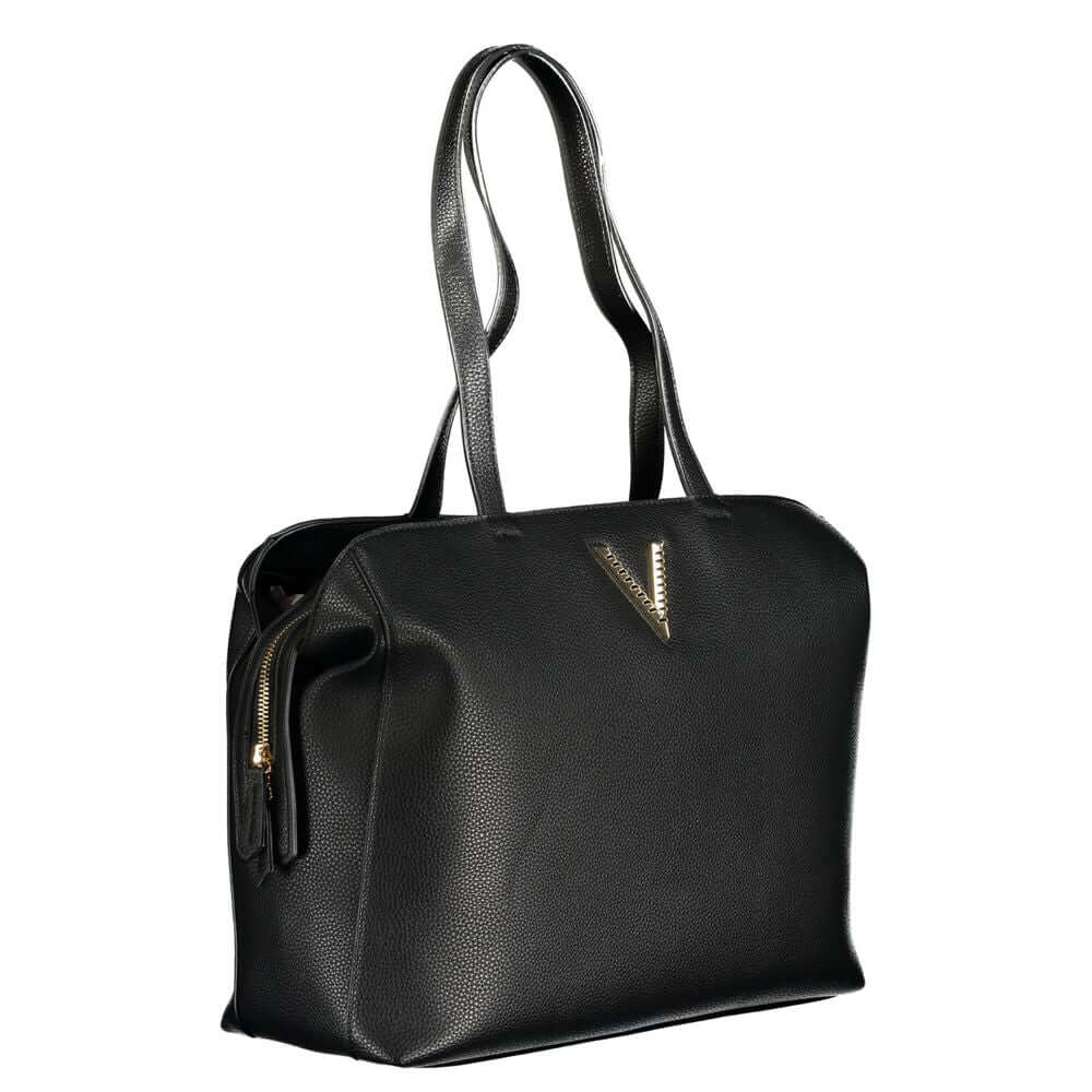 Mario Valentino Black Polyethylene Handbag with adjustable strap, logo, and multiple compartments.