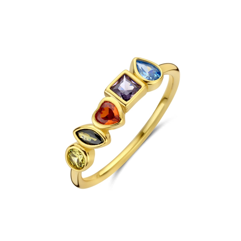Gold ring with multicolor gemstones, NEW BLING Mod. 9NB-1572-58, showcasing vibrant jewelry design with various gem shapes.
