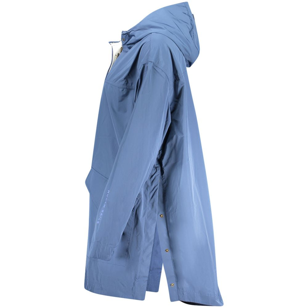 North Sails Blue Polyester Jackets & Coat with hood, buttons, and side pockets, featuring long sleeves and logo print.