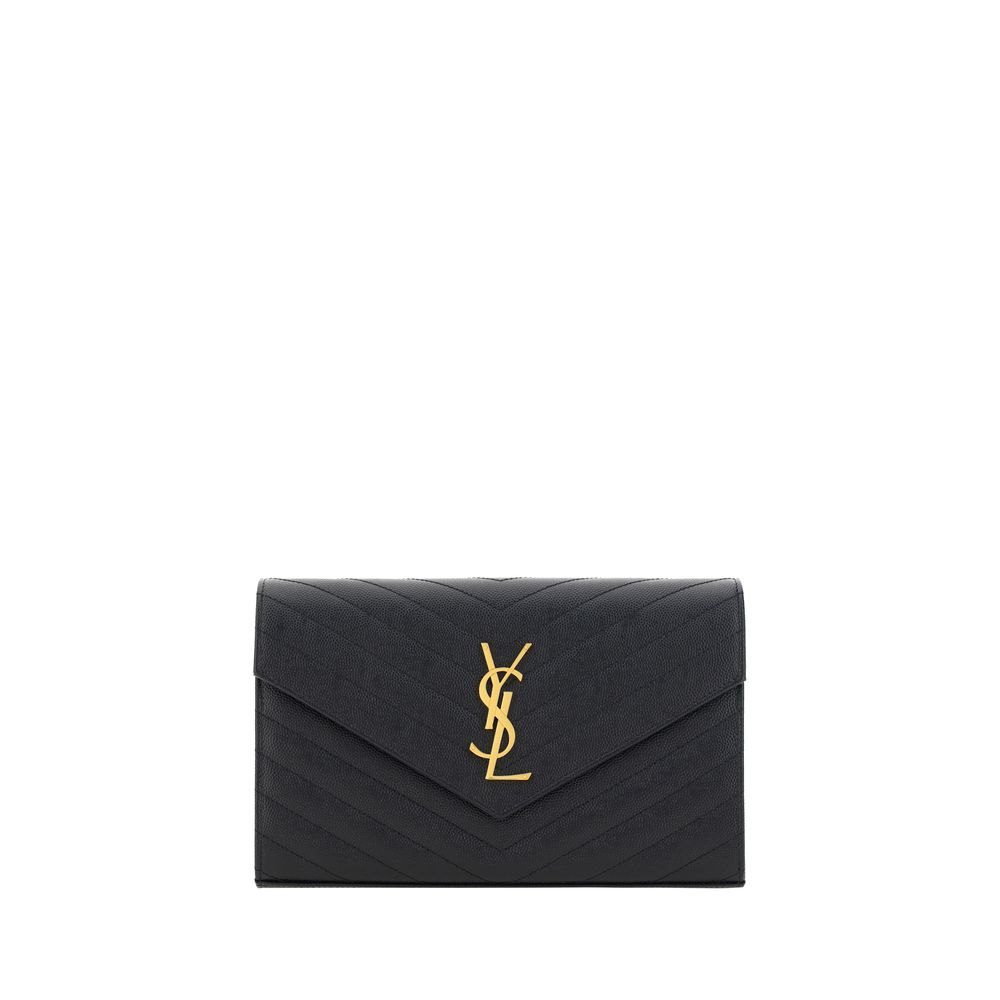 Saint Laurent Logoed Shoulder Bag in black leather with gold embossed YSL logo and chain shoulder strap. Elegant and functional design.