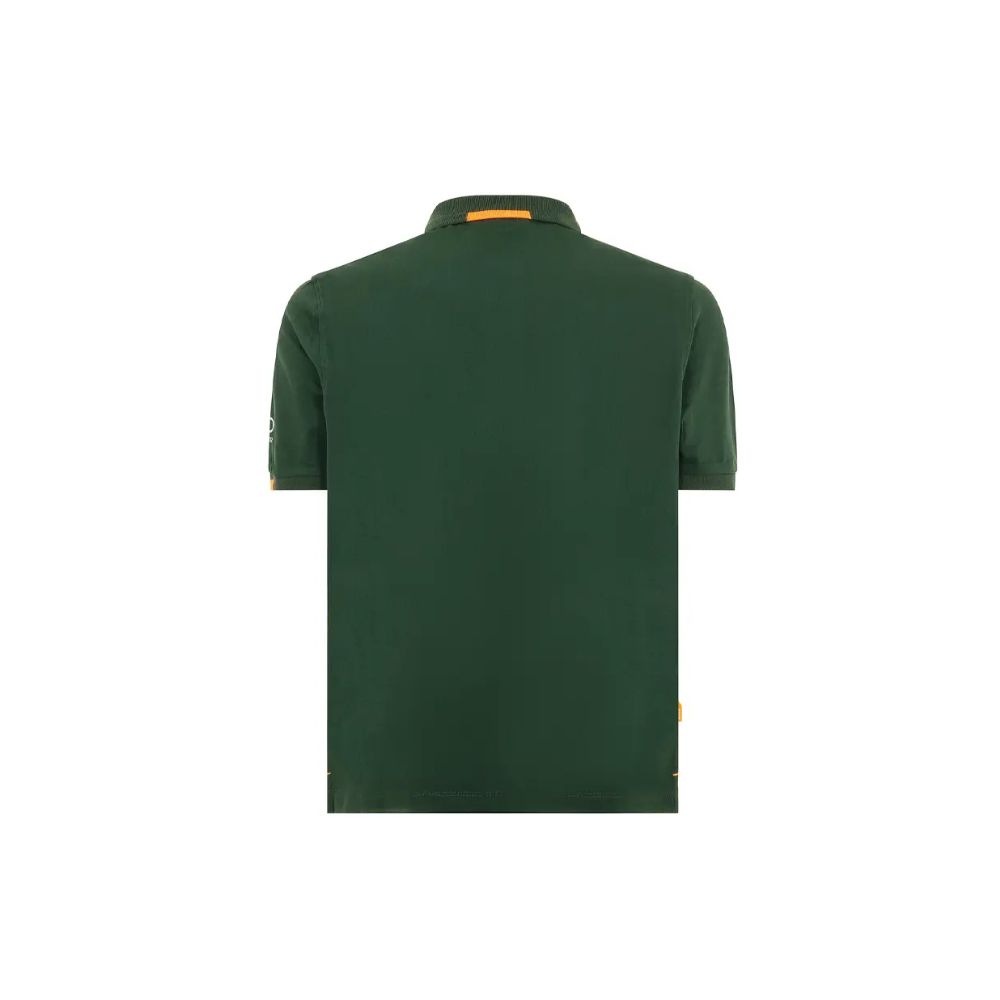 Suns Green Cotton Polo Shirt with ribbed collar and logo on sleeve, back view showing button closure and fabric texture.