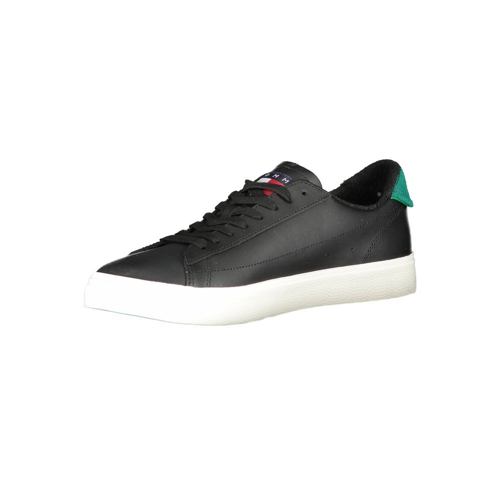 Tommy Hilfiger Black Polyester Sneaker with laces, contrast details, and logo on side, ideal for sports footwear fashion.