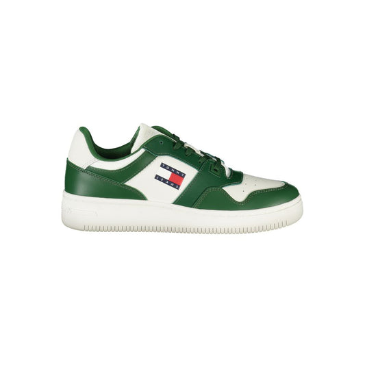 Tommy Hilfiger Green Leather Men Sneaker with iconic logo and removable insole for personalized comfort.