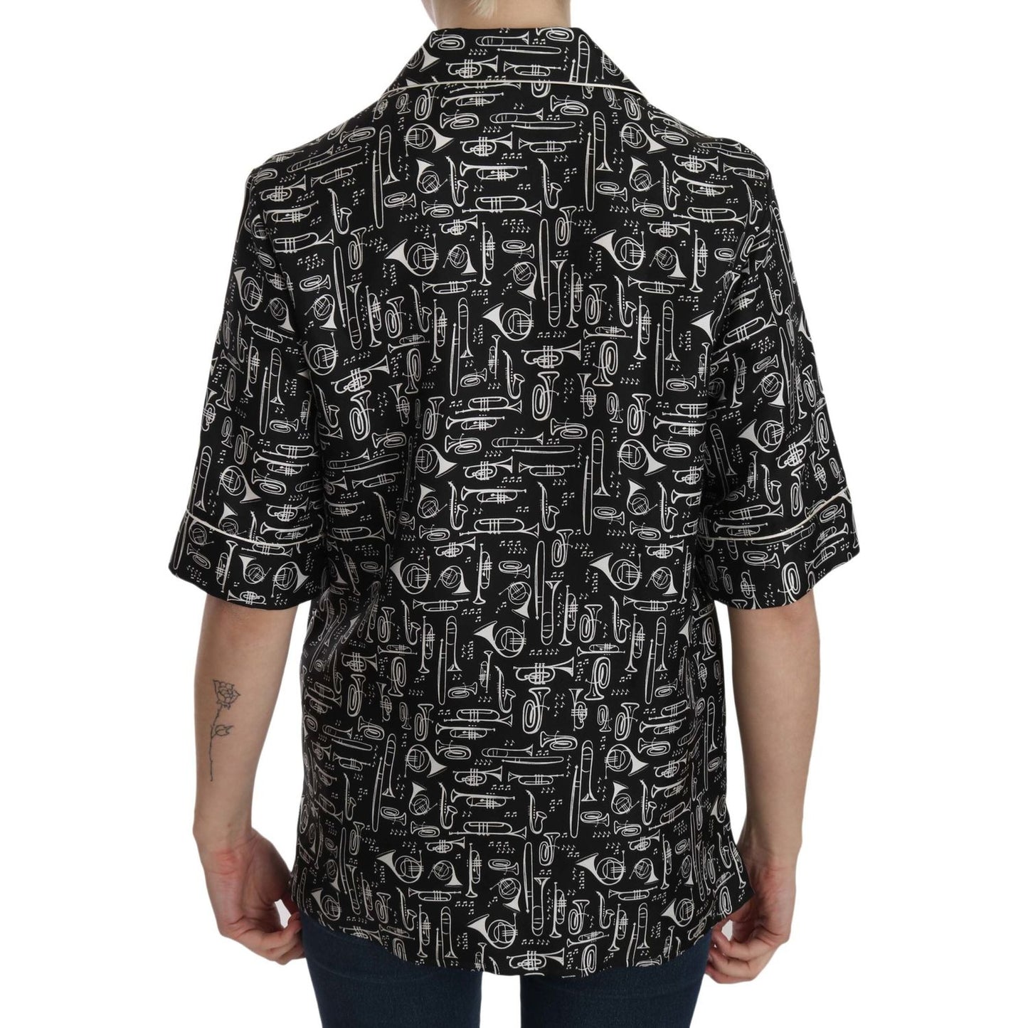 Dolce & Gabbana Black Musical Instrument Print Silk Top