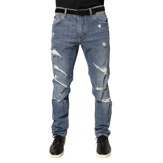 Dolce & Gabbana Blue Tattered Slim Fit Cotton Denim Jeans