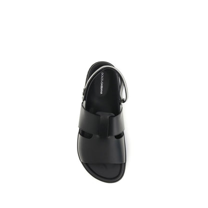 Dolce & Gabbana Black Calf Leather Bos Taurus Flat Sandals