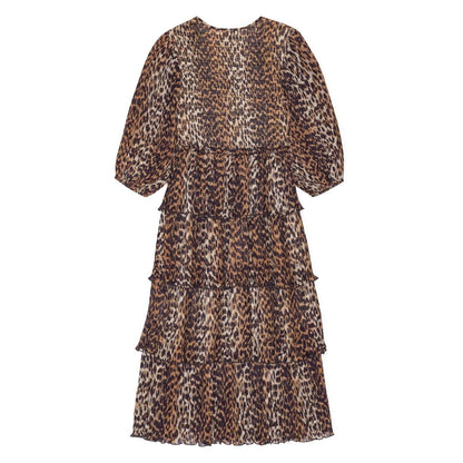 Ganni Leopard Pleated Georgette Flounce Smock Midi Dress