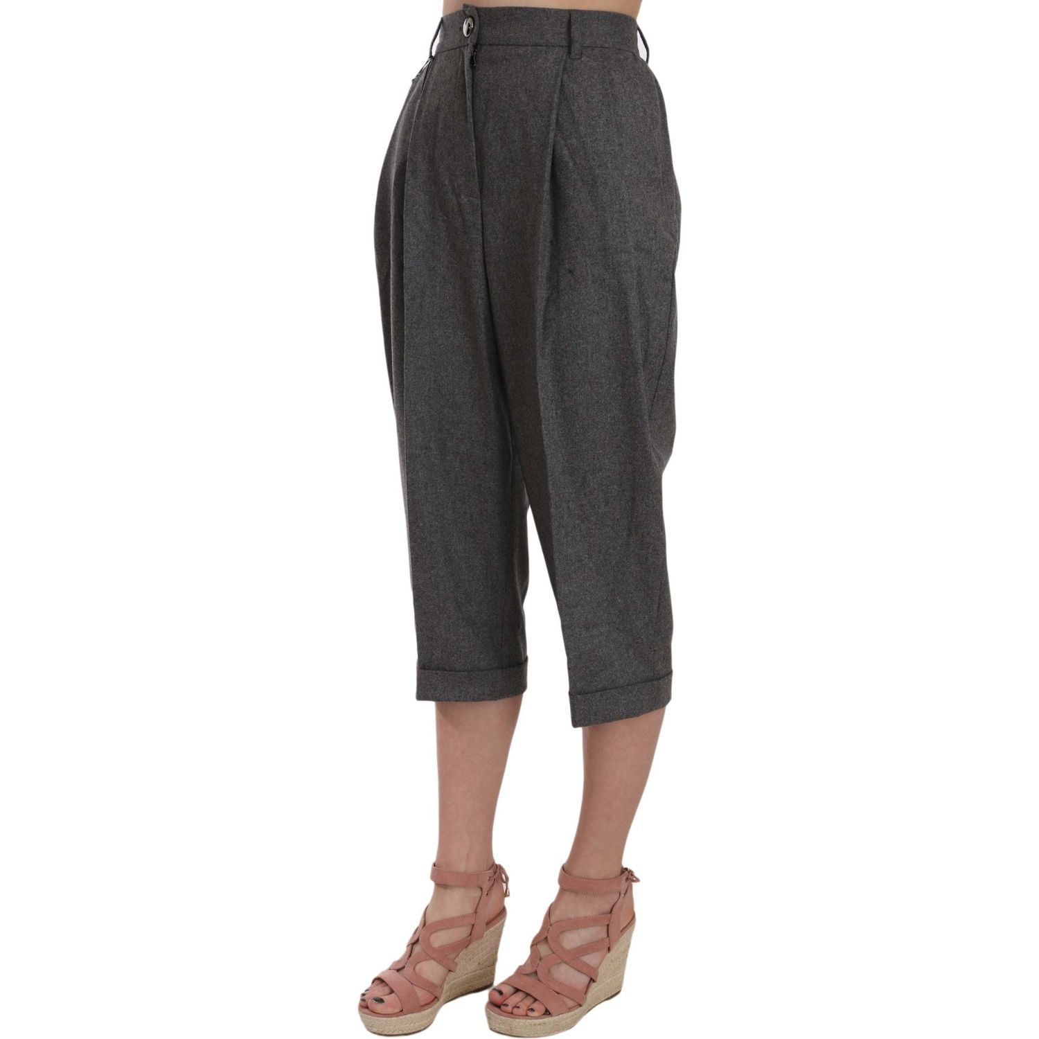 优雅灰色羊毛羊绒褶皱长裤