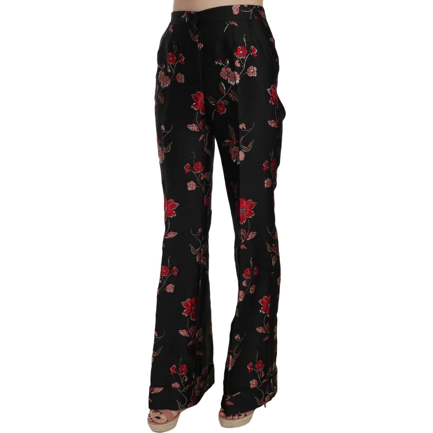 Dolce & Gabbana Floral Print Black Boot Cut Trouser Pants