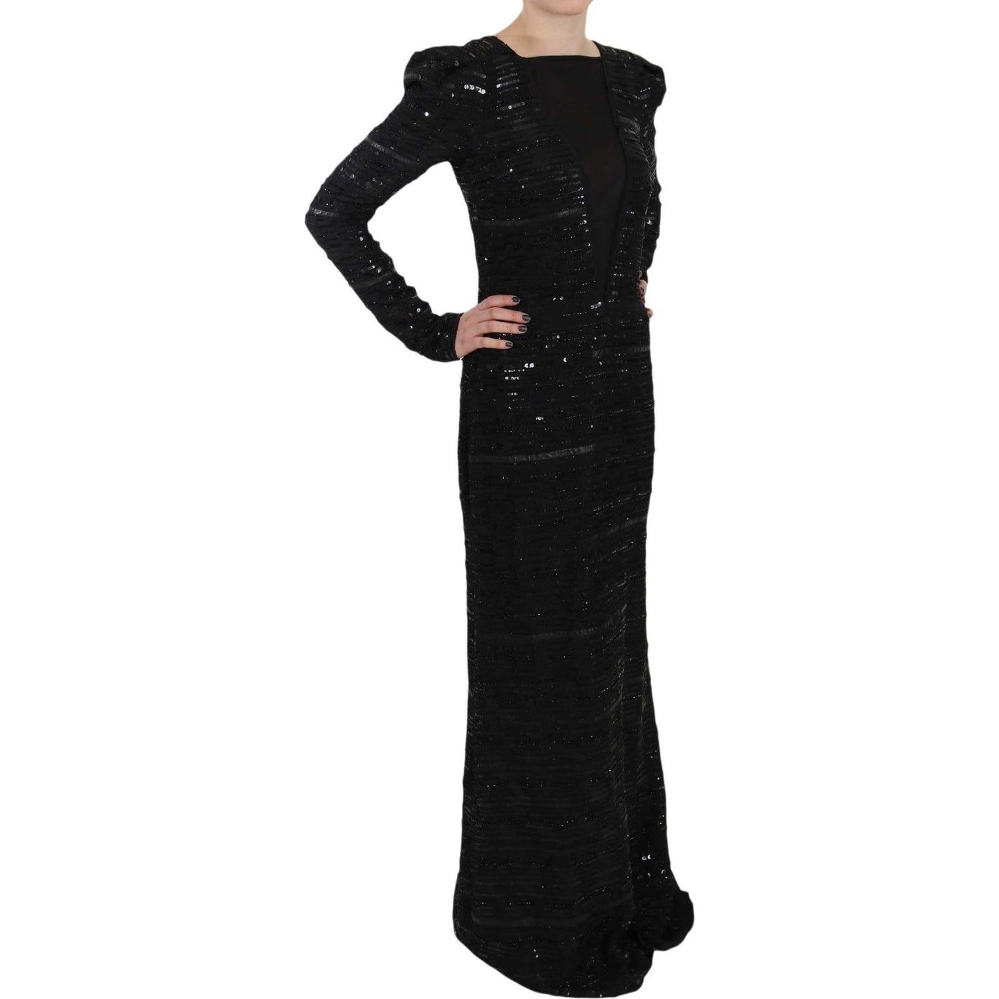 John Richmond Black Silk Full Length Sequined Gown Dress