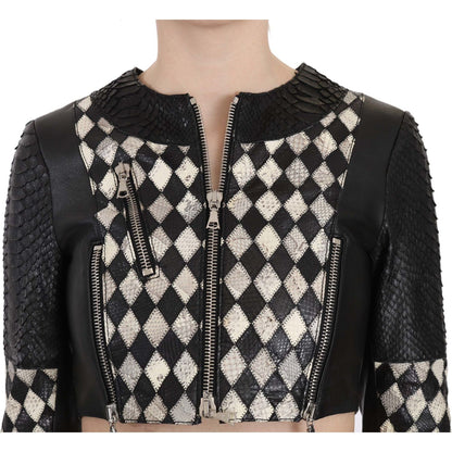 John Richmond Black White Leather Short Cropped Biker Jacket Coat Coats & Jackets