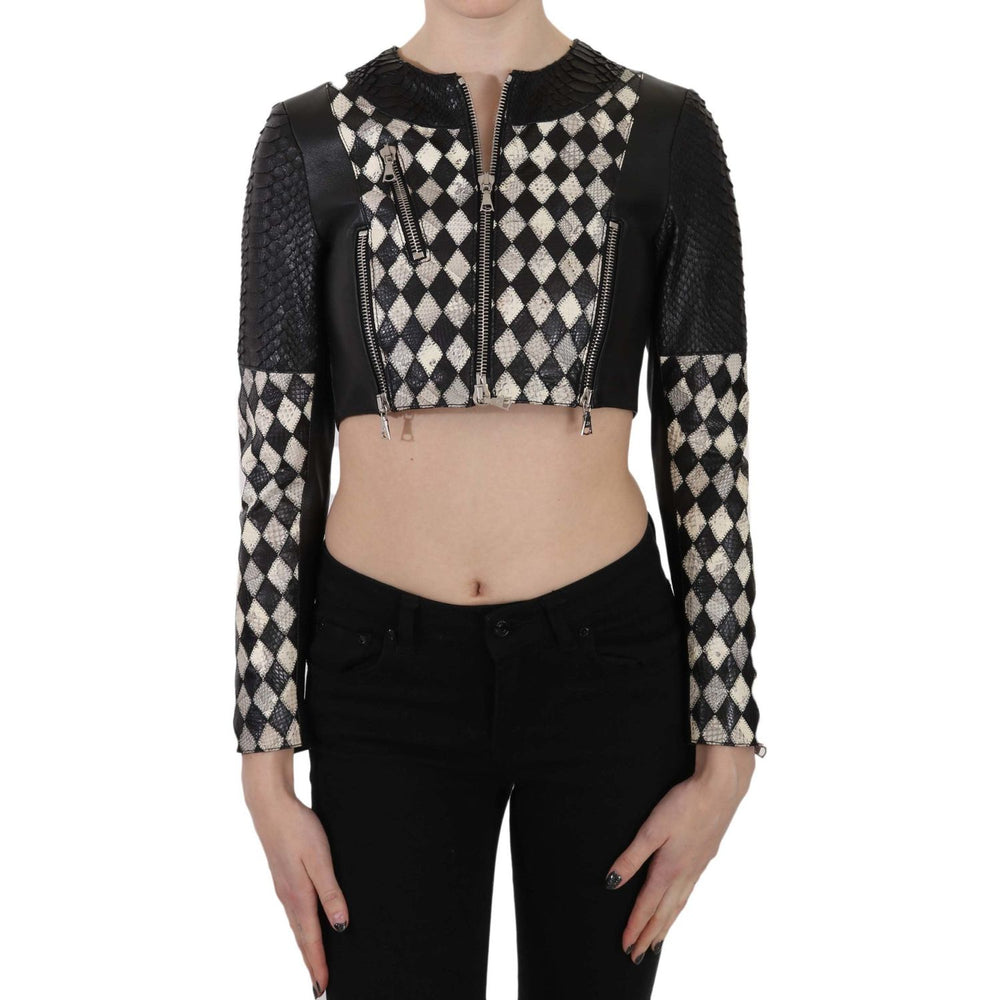 John Richmond Black White Leather Short Cropped Biker Jacket Coat Coats & Jackets
