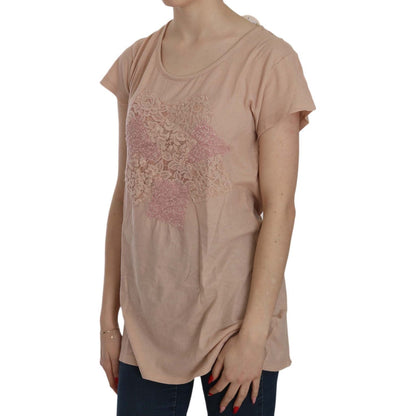 PINK MEMORIES Pink Cream Lace Short Sleeve Shirt Top Cotton Blouse