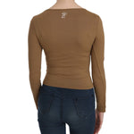 GF Ferre Brown Long Round Neck Sleeve Fitted Shirt Tops Blouse