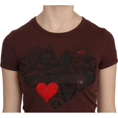 Exte Brown Heart Print Crew Neck T-shirt Short Sleeve Blouse