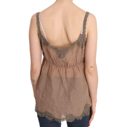 PINK MEMORIES Brown Lace Spaghetti Strap Plunging Top Blouse