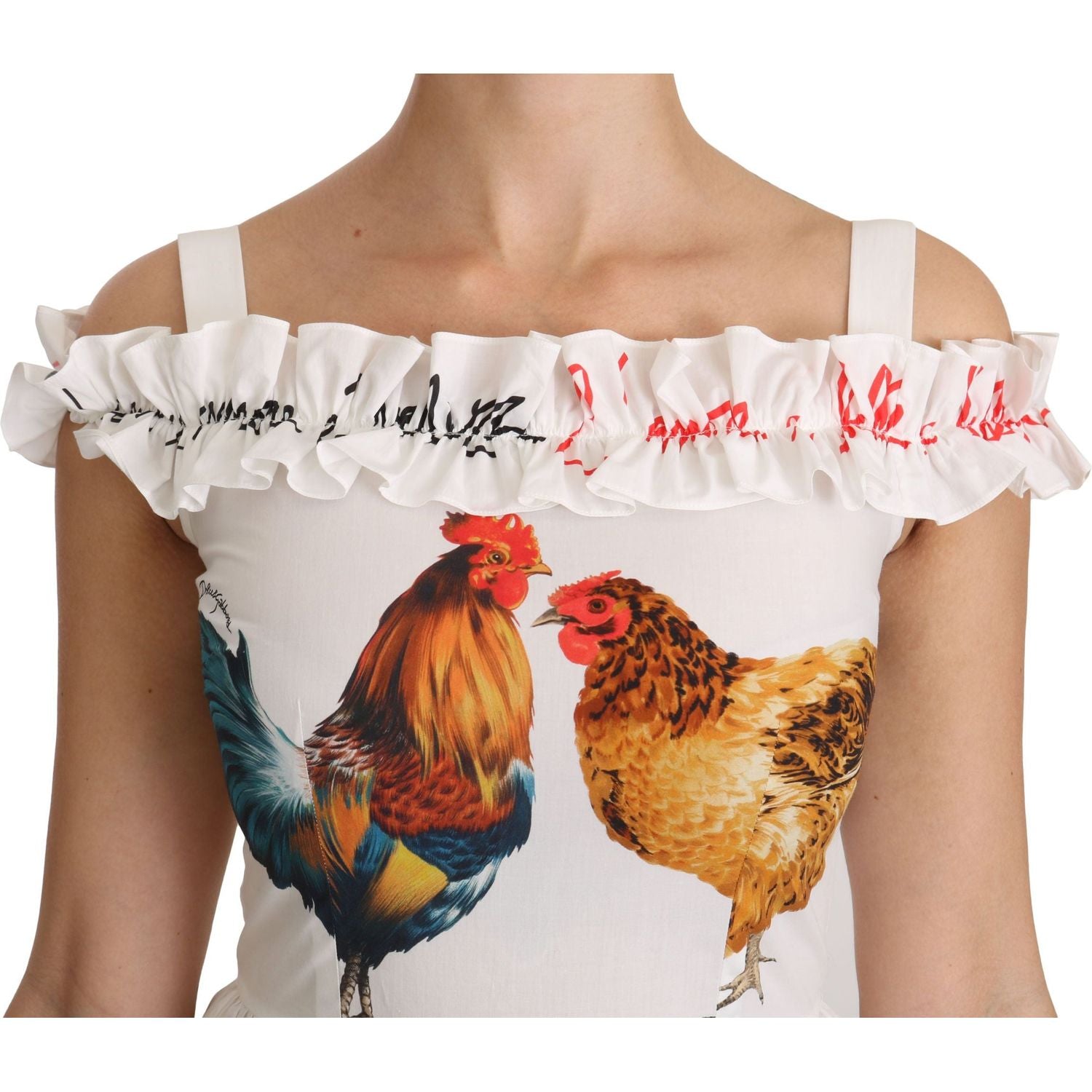 优雅白色公鸡印花中长连衣裙