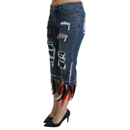 Dolce & Gabbana Blue Feathers Low Waist Cropped Cotton Jeans
