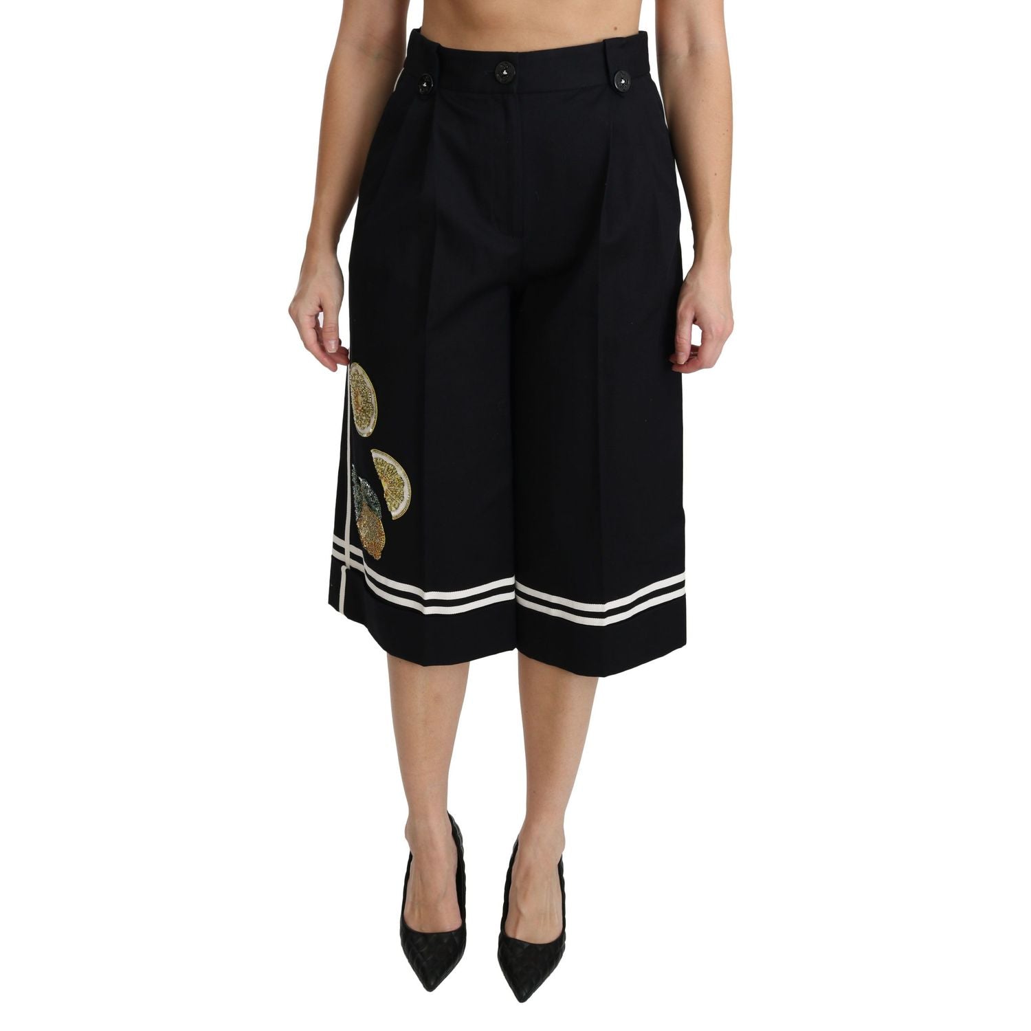 Dolce & Gabbana Black Lemon Embellished Palazzo Cropped Pants