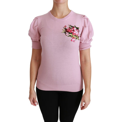 Dolce & Gabbana Pink Floral Embroidered Blouse Wool Top