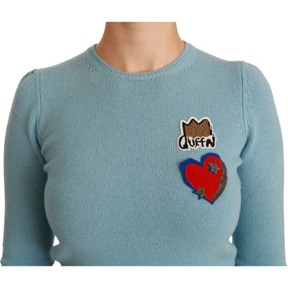 Dolce & Gabbana Blue Wool Queen Heart Pullover Sweater WOMAN TOPS AND SHIRTS