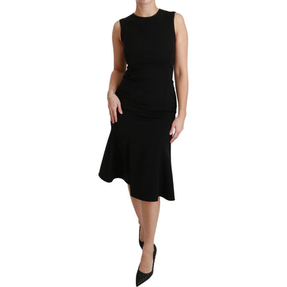 Dolce & Gabbana Black Fit Flare Wool Stretch Sheath Dress WOMAN DRESSES
