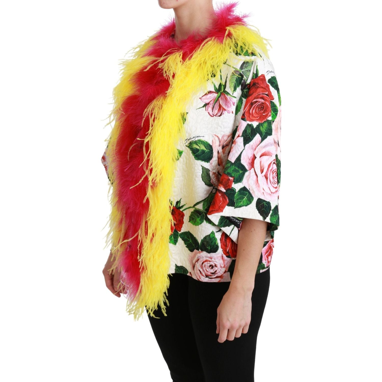 优雅花卉披肩夹克，配以毛皮细节