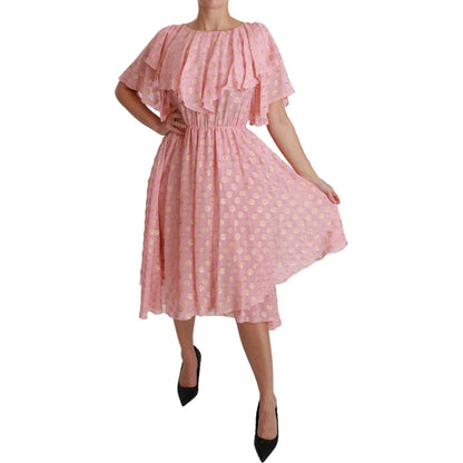 Dolce & Gabbana Silk Pink Polka Dots Pleated A-line Midi Dress